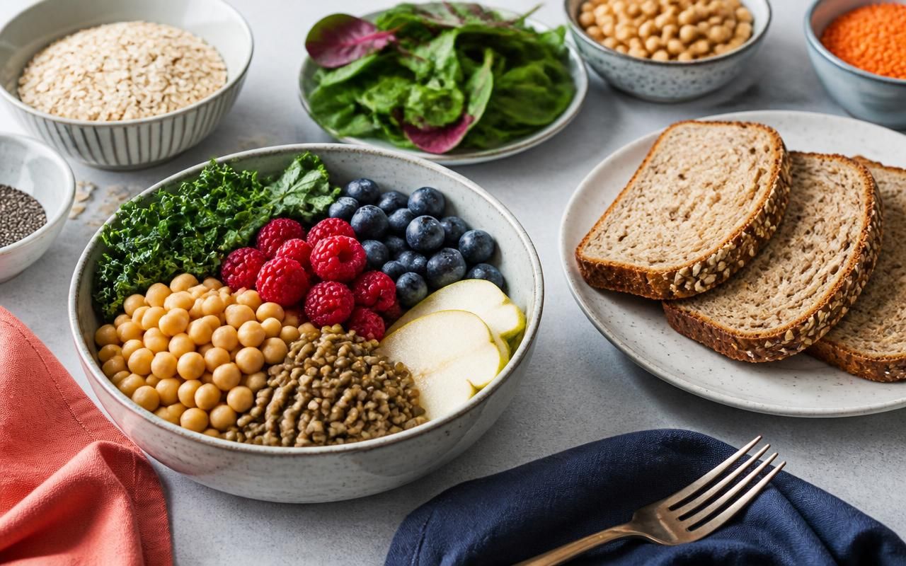 High-fibre foods including legumes, berries, oats, greens and wholegrain bread