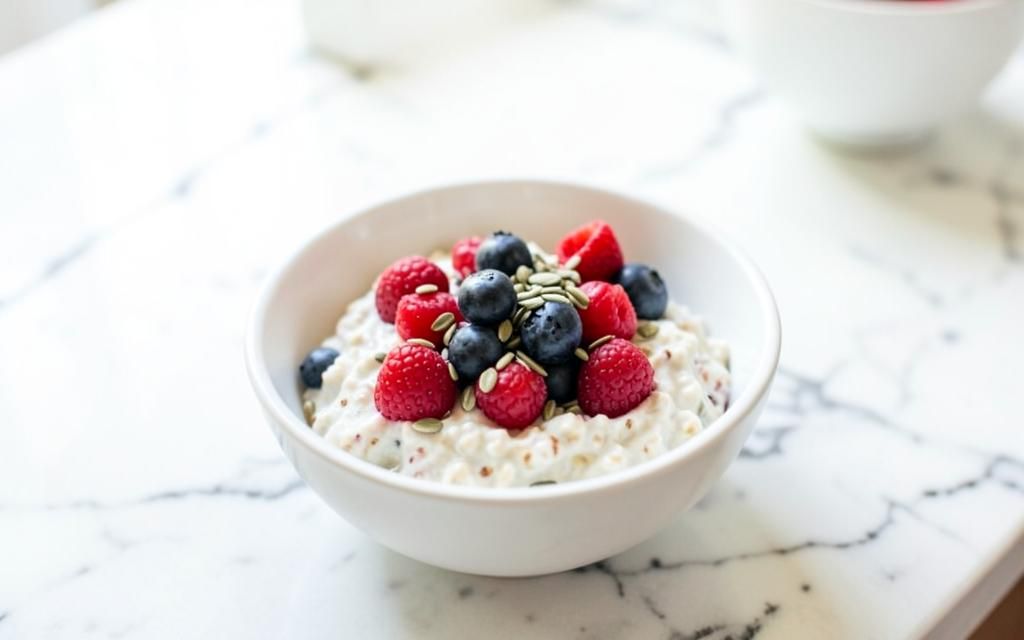 Bowl of overnight oats with berries and seeds