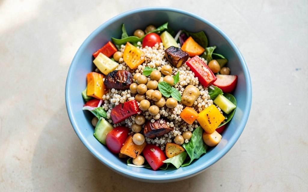 Quinoa salad bowl with roasted vegetables and chickpeas