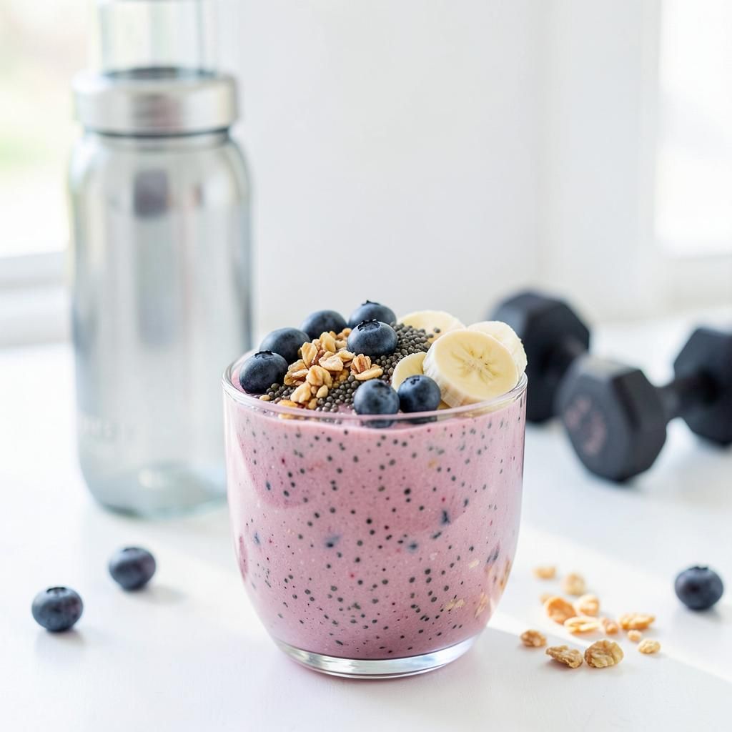Protein smoothie bowl with dumbbells for athletic performance