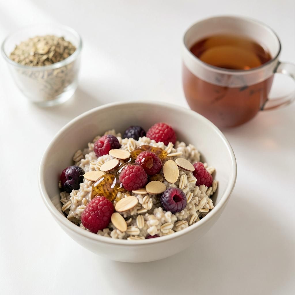Oatmeal with berries and herbal tea for therapeutic nutrition